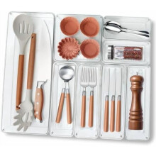 Lot de 8 organisateurs de tiroir à ustensiles en plastique transparent pour la cuisine, compatibles avec les couverts et autres accessoires.
