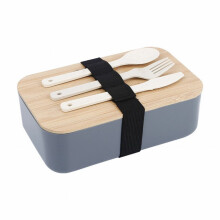 Boîte à lunch japonaise en bambou avec couvercle en bois, 2 compartiments et couverts inclus, grise – Compatible avec les boîtes à bento