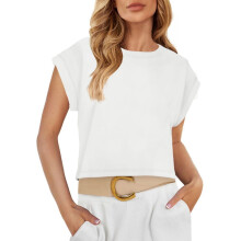 T-shirts à manches courtes pour femmes, col rond, manches dolman retroussées, unis, décontractés, courts