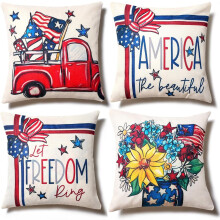Sierkussenhoezen voor 4 juli, 45 x 45 cm, set van 4, patriottische linnen kussenslopen voor Onafhankelijkheidsdag, Memorial Day, Veteranendag –