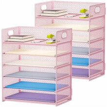 Set van 2 bureau-organizers met handvat, 6-laags papierbak, bureau-organizer van gaas voor kantoor, school en thuis - Roze