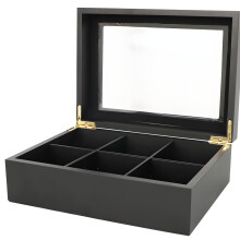 Boîte à thé en bois à 6 compartiments avec fenêtre, coffret de rangement pour sachets de thé en bois noir, compartiment amovible, grande