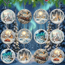 12 hölzerne Weihnachtsbaumkugeln, Waldhirsche, Schneeflocken und Winterlandschaftsmotive