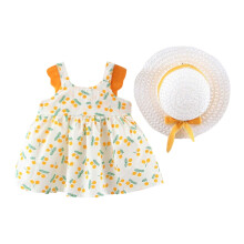 Toddler Kids Dress Child Baby Girl Summer Solid Color Print Suspender Dress With Hat