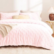 Blushroze fleece dekbedovertrekset voor een tweepersoonsbed (queensize), 3-delige superzachte en warme pluizige beddengoedset met ruitpatroon, luxe