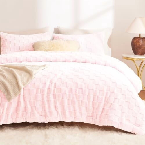 Blush Pink Fleece Queen Comforter Set 3-Piece