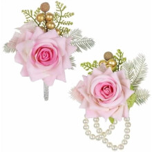 Sett med håndleddskorsage og boutonniere i rosa roser, 2-delt bryllupstilbehørssett for nygifte.