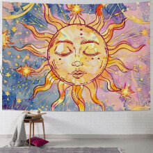 Pasztellrózsaszín Mennyei Nap és Hold Gobelin Csillagokkal, Pszichedelikus Batikolt Fali Dekorációhoz, 102x152 cm, Faldekorációval kompatibilis