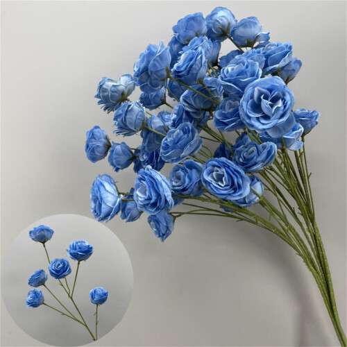 Rose artificiali in seta, blu, confezione da 6, gambo lungo
