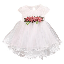 Sommerkleid für Kleinkinder (1-3 Jahre), kurzärmelig, mit Blumenmuster und Falten aus Mesh, weiß