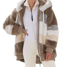 Cardigan da donna in morbido pile con cappuccio e inserti a blocchi di colore.