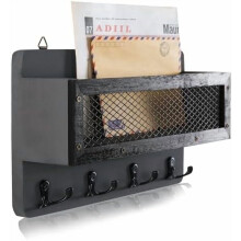Porte-clés mural en bois avec 4 crochets doubles, organisateur de courrier et de clés gris rustique pour entrée – Compatible avec les clés