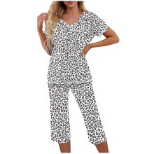 Dame afslappet løstsiddende nattøjssæt - V-hals print top med korte ærmer + elastisk talje capribukser med sidelommer | S-2XL | Pyjamassæt