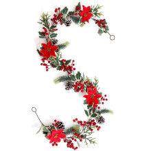 Guirlanda artificial de Natal com 2 arranjos de 1,80 m de poinsétias, frutos vermelhos e folhas de azevinho para decoração de interiores e