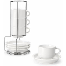 4 oz Porcelain Espresso Cups with Saucers & Metal Stand (Set of 4), Stackable, White, Compatible with Espresso Machines
