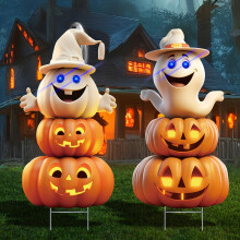 Lot de 2 citrouilles décoratives phosphorescentes de 1,2 m (4 pi) pour Halloween, avec piquets – Plastique durable, fixation sur poteau, usage