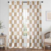 Beige & White Checkered Curtains, Rod Pocket, Semi-Sheer, Farmhouse Retro Style, Light Filtering, Set of 2, 52x84 Inch
