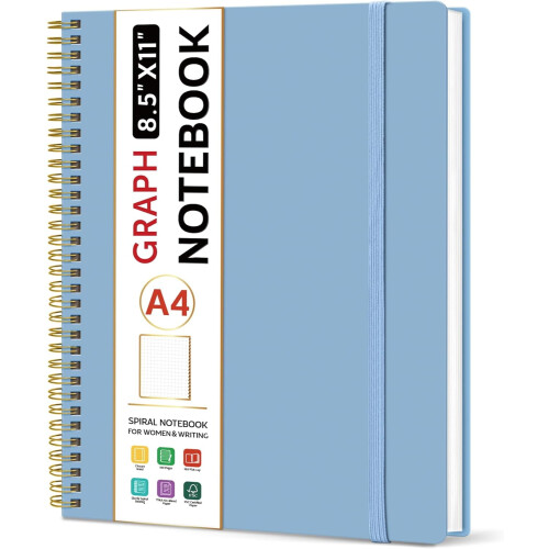 Caderno espiral quadriculado A4, 8,5 x 11 polegadas, 100 páginas