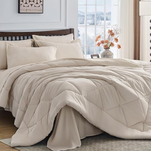 Beige Tan Full Size Comforter Set 7-Piece