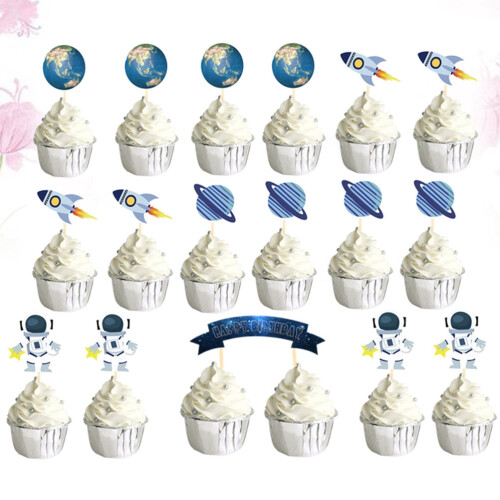 KALLORY 26Pcs Outer Space Themed Cake Topper Birthday Cake Insert Topper Creative Cake Picks Assorted Color