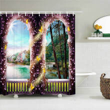 Rideau de douche en polyester imperméable avec crochet, imprimé d'un magnifique paysage de bord de mer et de fleurs. Décoration intérieure.