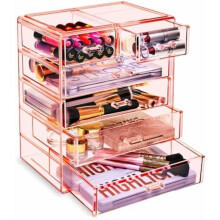 Ensemble de rangement de maquillage en acrylique à 6 tiroirs – Rose, pour coiffeuse et comptoir, idéal pour les pinceaux, les rouges à lèvres