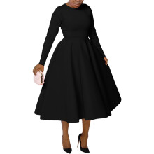 Damesjurk met pofmouwen in effen kleur, ronde hals, lange mouwen, zijzakken, modieuze casual, losse, zachte jurk (zwart, 2XL)