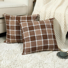 Lot de 2 housses de coussin 50 x 50 cm en lin à carreaux style champêtre, décor rustique rétro – Chocolat
