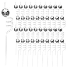 40 Pcs Disco Ball Straws – Spiral Clear Straws with Silver Mirror Balls, 70s Party Decor, Compatible with Juice & Milkshakes