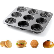 Mini Hamburger Bun Pan, 3.5" Non-Stick Carbon Steel, 9-Cup Perforated Mold for Burger Buns, Egg Tarts, Puffs – Compatible with Home Ovens