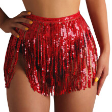 Damen-Badeanzug-Cover-Up, kurzer Pailletten-Fransenrock, Strand-Wickel-Bikini, glänzende Wickel-Bademode