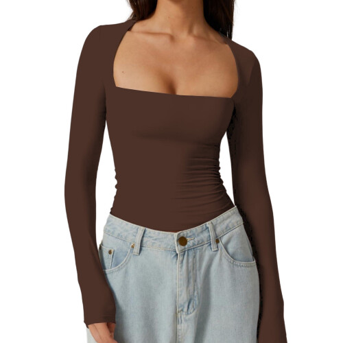 Damen-Langarmshirt mit eckigem Ausschnitt, schmale Passform, Basic-T-Shirt