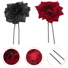 Simple Design Flower Hair Fork Wine Red 6Pcs 3.5X2X2In