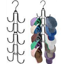 Collapsible Hat Organizer for Closet, 10 Rotatable Hooks, Holds 40 Caps, Space-Saving Metal Hanger – Black