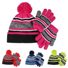 2Pcs/Set Kids Stripe Knitted Beanie & Mitten Set, Plush-Lined, Windproof, Cozy Winter Head & Hand Warmers for Boys & Girls