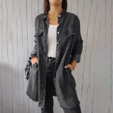 Ozmmyan dame klassisk lang jeansjakke plus size løs langærmet dame oversized knaplukning med flosset kant let denimjakke, S-5XL