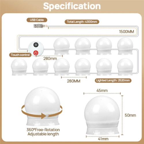 LED Vanity Lights for Mirror USB Vanity Lights with 10 Dimmable Bulbs Adjustable 3 Color Makeup Mirror Might Bulb 2