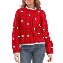 Suéter feminino de tricô de manga comprida vermelho para outono/inverno