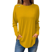 Dame Langærmede Toppe Rund Hals Tunikaer Bluser Ensfarvede Moderigtige Smockskjorter Løse T-shirts Sweatshirt Forår Efterår Pullover Gul AL