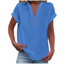 T-shirt VERUGU pour femme, manches courtes, col V, coton et lin, bleu ciel, taille 3XL – Tunique ample et décontractée, idéale avec des leggings