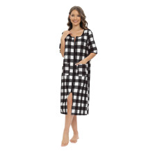Damen-Hausmantel mit Ellbogenärmeln, lockerem Schnitt, Reißverschluss vorne, kariertem Muster, bodenlang, Loungewear mit Taschen, Größen S-XXL