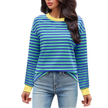 Gelbes, lässiges Langarmshirt für Damen, trendiges Rundhals-Langarmshirt aus Polyester mit Streifenmuster, Größe XXL