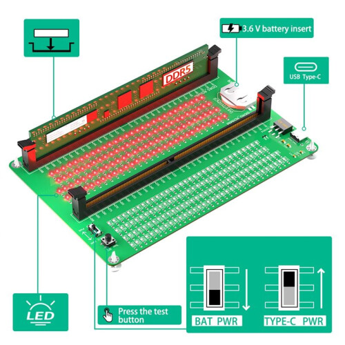 DDR5 RDIMM/UDIMM Memory Tester DDR5 Memory Test Card with LED Indicators for Desktop Computer
