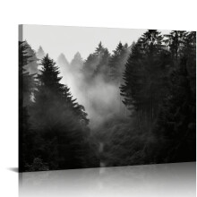 Tableau sur toile noir et blanc « Montagne brumeuse » – Paysage de forêt de sapins, Décoration rustique et branchée, 51 x 41 cm, Convient