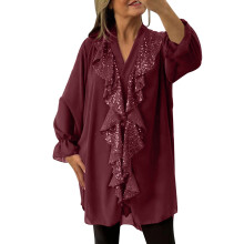 lulshou Langarmshirt für Damen, lässiges, einfarbiges V-Ausschnitt-Pullover-Top mit Knopfleiste, Weinrot, Größe XXL