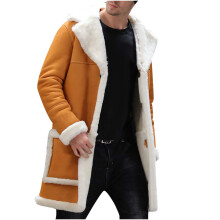Cóta Meánfhada Shearling le Lapel Notch Muinchille Fada na bhFear Dath Soildí Scaoilte Geimhridh Tiubhaithe Coinnigh Te Géibheann Gaoithe