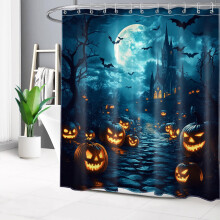 Halloween-gresskardusjforheng med flaggermus- og månedesign – vanntett polyester, 180 x 180 cm, inkludert 12 kroker