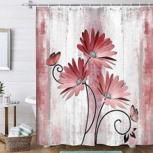 Rideau de douche rustique style ferme avec motif floral marguerite rouge et papillons, bordeaux clair/gris, 178 x 178 cm, 12 crochets – Compatible