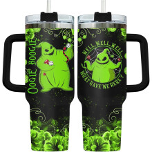 40oz (1,2 l) schwarzer Gruselbecher mit Henkel und Strohhalm – Vakuumisolierter Edelstahlbecher, Halloween-Geschenk für Frauen, Männer, Jungen