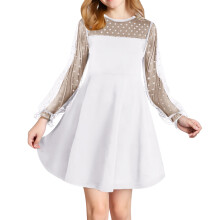 Mädchen A-Linien-Kleid aus Mesh, trendig, kuschelig, weicher Stoff, lange Ärmel, Rundhalsausschnitt, eleganter Stil für Party, Tanz,